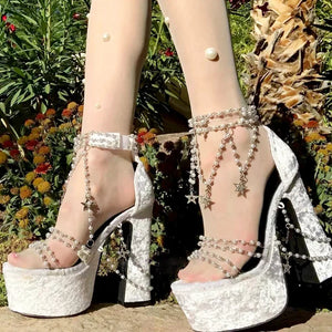 Fairy Girl's Pearl Beaded Platform Chunky Sandals Beading Necklace Chains Velvet High Heels Crystal Tassel One Line Lolita Shoes