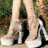 Fairy Girl's Pearl Beaded Platform Chunky Sandals Beading Necklace Chains Velvet High Heels Crystal Tassel One Line Lolita Shoes