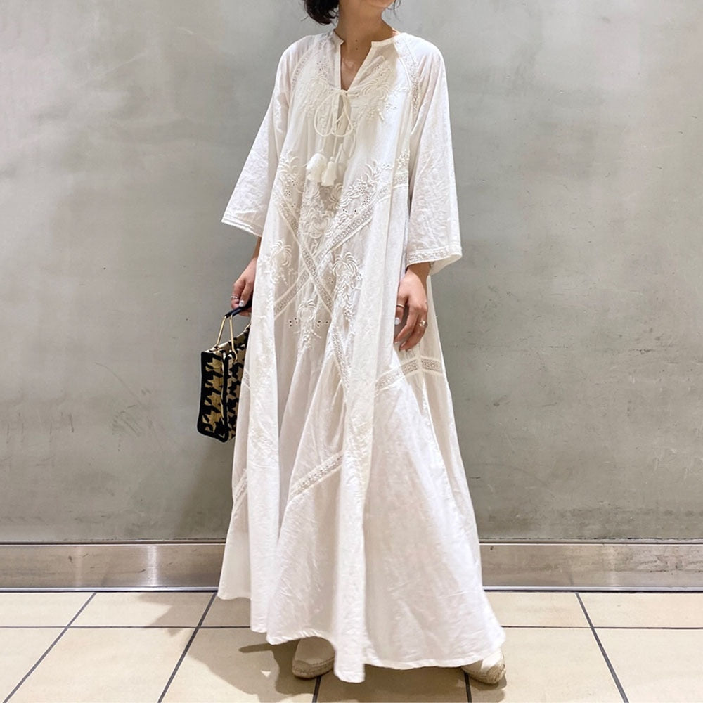 Loose Embroidery White Lace V-Neck Long Beach Dress Summer Boho Women Maxi Dress Elegant Dress Holiday Women Clothing