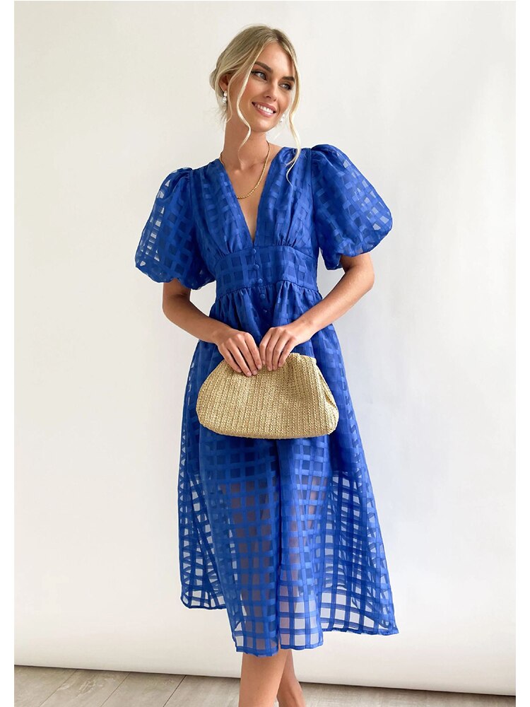 Lantern Sleeve Breasted Rose Red Vintage A-line Party Dress Plaid Transparent Zip Waist Elastic Summer Midi Boho Dress