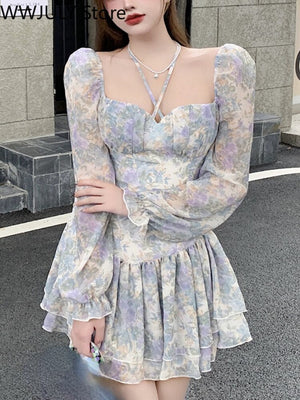 Goosudu  Sexy Floral One Piece Dress Korean Fashion Woman Puff Sleeve Y2k Mini Dress Casual Spring Design Elegant Short Party Dress