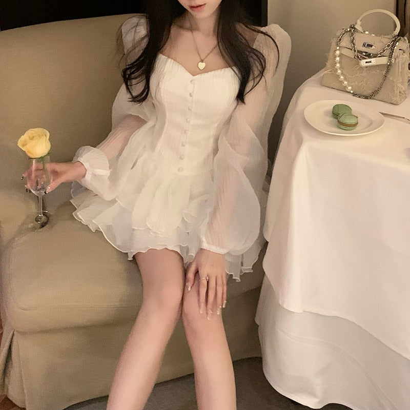 goosudu Fairy Dress Retro Cupcake Dress Square Neck Puff Sleeve Dress Women Chic Patchwork Spring New High Waist Long Sleeve Short Dress Summer