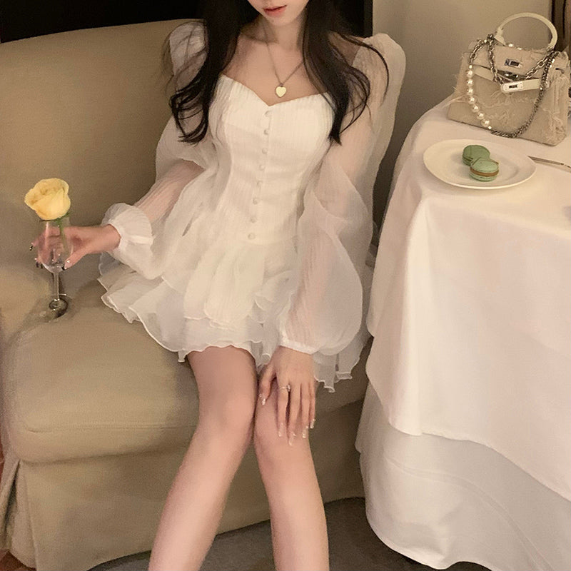 goosudu Fairy Dress Retro Cupcake Dress Square Neck Puff Sleeve Dress Women Chic Patchwork Spring New High Waist Long Sleeve Short Dress Summer