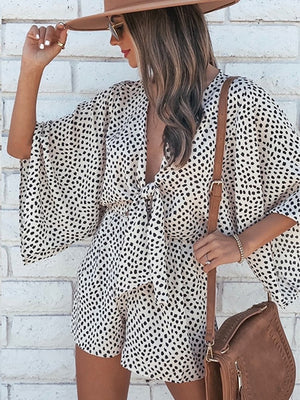 Leopard Print Bowknot Wide Leg Romper Overalls Casual Loose Summer V Neck Playsuits Short Jumpsuits Pockets