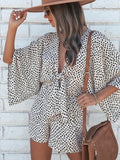 Leopard Print Bowknot Wide Leg Romper Overalls Casual Loose Summer V Neck Playsuits Short Jumpsuits Pockets