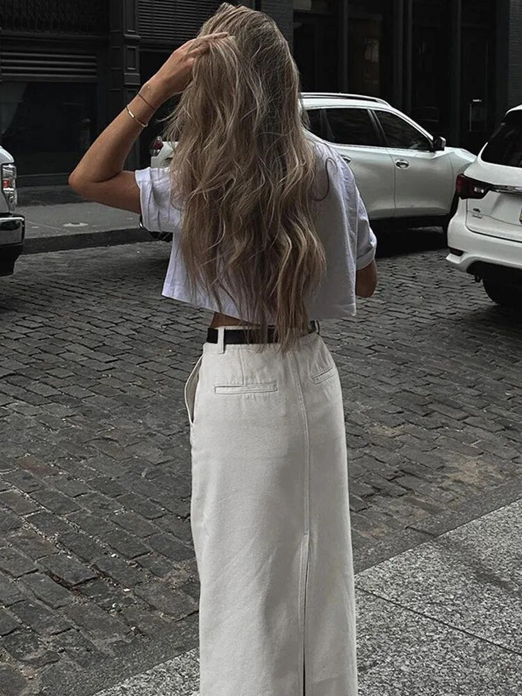 White Fashion High Waist Maxi Skirt Female Split Solid Pocket Streetwear Patchwork Casual Long Skirt For Women Maxi Skirt