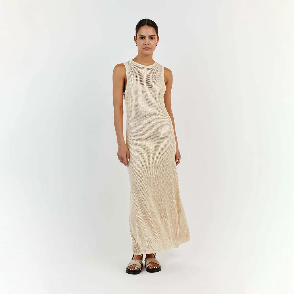 White Crochet Hollow Out Midi Dress For Women Long Sleeve Casual Dress Beach Holiday See-Through Summer Dress Cover-Up