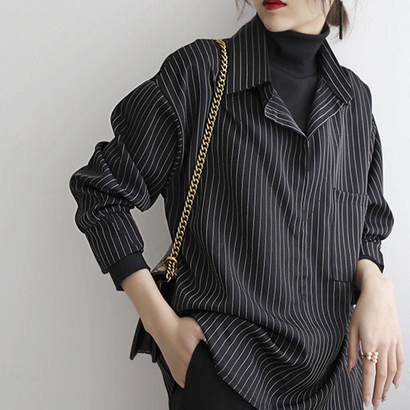 goosudu Fake Two Piece Striped Shirt Women Patchwork Knitted Turtleneck  Autumn Winter Long Sleeve Casual Loose Female Blouse Tops