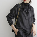 goosudu Fake Two Piece Striped Shirt Women Patchwork Knitted Turtleneck  Autumn Winter Long Sleeve Casual Loose Female Blouse Tops