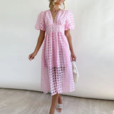 High Waist Lantern Sleeve V Neck Dress Solid Color Mesh Yarn Button Long Dress Casual Elegant Party Dresses Women Summer Vestido