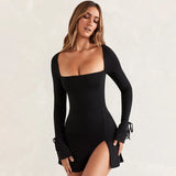 Spring Square Neck Flare Long Sleeve Dress Sexy Split Nightclub Party Dress Women's High Waist Slim Lace-up Mini Dress for Women