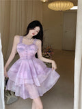 Holiday Sexy Spaghetti Strap Dress High Waist Sweet Mini Princess Dress Female Summer Purple Mesh Puffy Dress Robe Vestido