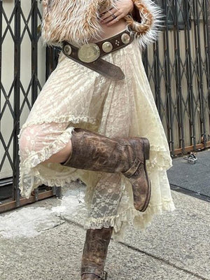 Sexy Transparent Irregular Long Skirts Vintage Ruffles Patchwork Loose Lace A-line Midi Skirt Women Y2k Summer Holiday