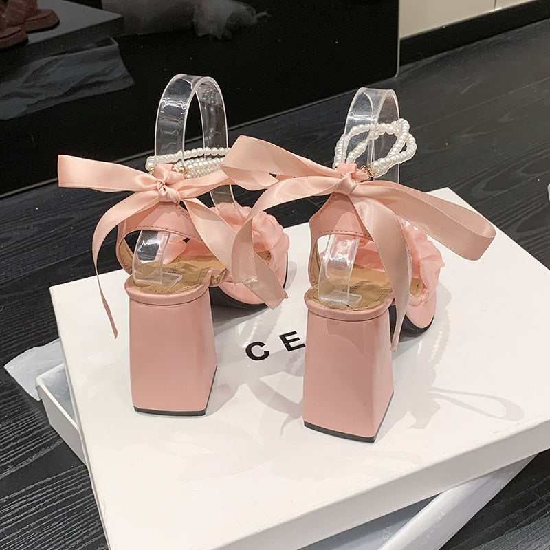 goosudu Platform Mary Janes Women Lolita Shoes High Heels Party Shoes  Summer Sandals New Brand Chunky Pearl Pumps Ladies Zapatos