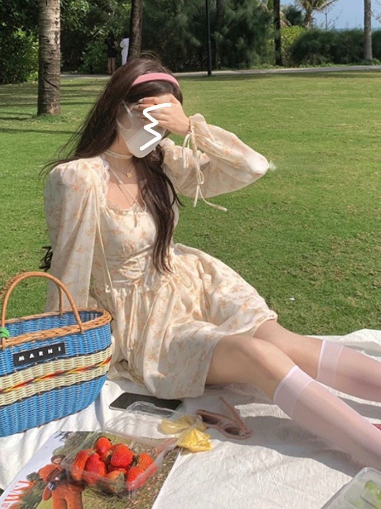 Summer Elegant Y2k Midi Dress Women Casual Lace One Piece Dress Korean Sweet Vintage Floral Dress Party Female Long Sleeve