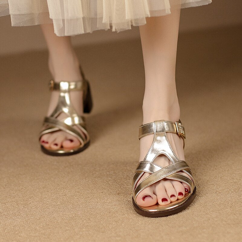 Women Sandals Thick Heels Genuine Leather Ankle Strap Shoes Woman Office Ladies Party Casual Golden Pumps Spring Summer Fashion