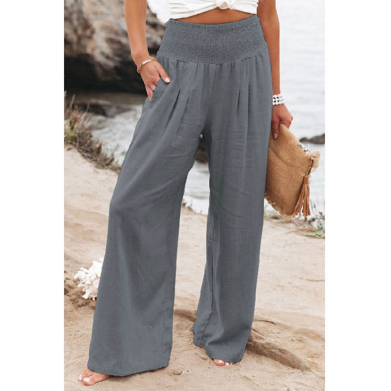 Spring Summer Cotton Linen Women Pants Pockets Solid Casual White Wide Leg Office Lady White Long Trousers Khaki