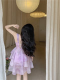 Holiday Sexy Spaghetti Strap Dress High Waist Sweet Mini Princess Dress Female Summer Purple Mesh Puffy Dress Robe Vestido