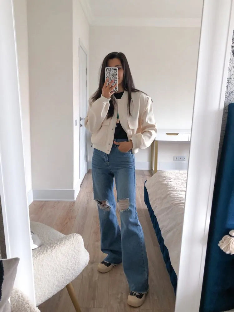 Ripped Jeans For Women  Streetwear Straight Denim Pants High Waist Long Denim Trousers Women Hollow Out Jeans