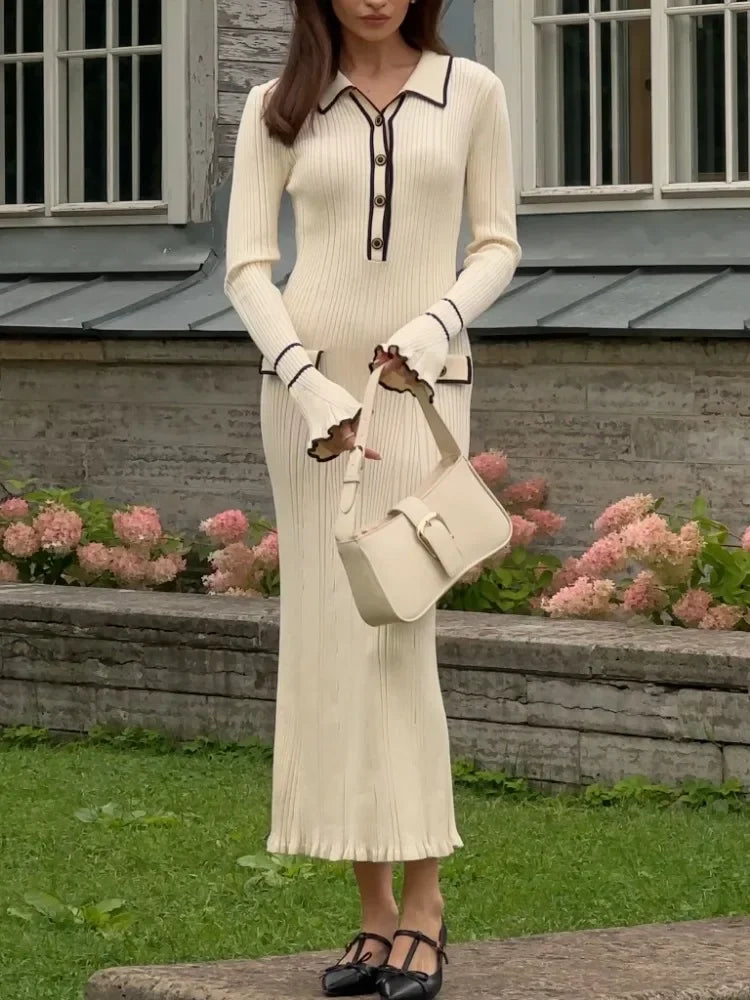 Ruffled Fashion Knit Dress Women Autumn Ribbed Contrast Long Sleeve High Waist Lapel Gown Dress Knitwear Ladies Maxi Dress