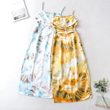 Waist Cut Out Criss Cross Sexy Summer Tie-dyed Midi Dress Ladies Elegant Beach Boho Slip Long Dress Sleeveless Sundress