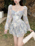 Goosudu  Sexy Floral One Piece Dress Korean Fashion Woman Puff Sleeve Y2k Mini Dress Casual Spring Design Elegant Short Party Dress
