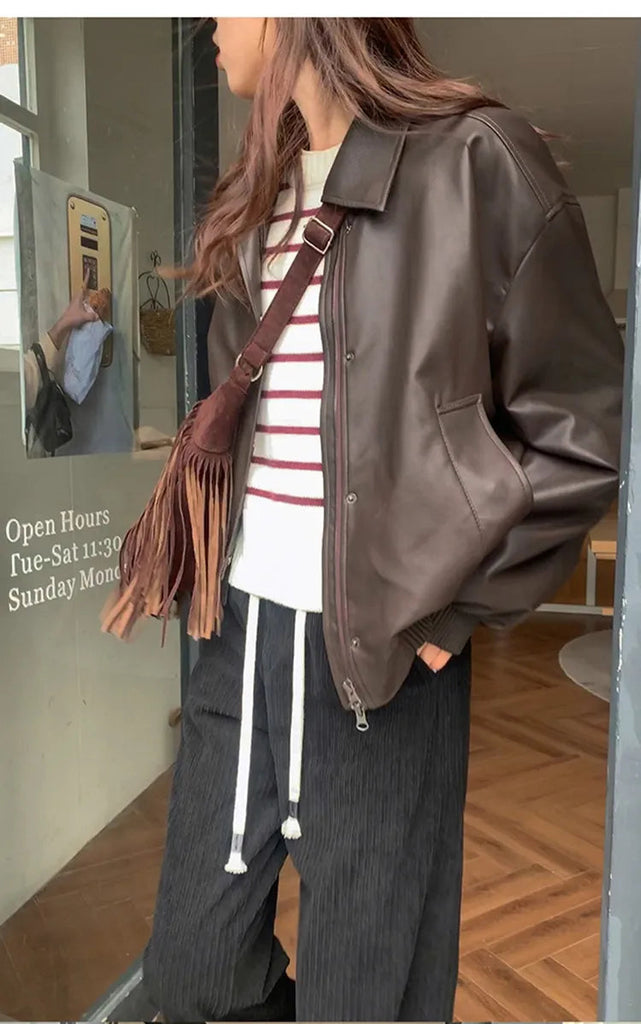 Spring Autumn Oversized Casual Waterproof Coffe Soft Pu Leather Jacket Women with Drop Shoulder Long Sleeve Fashion