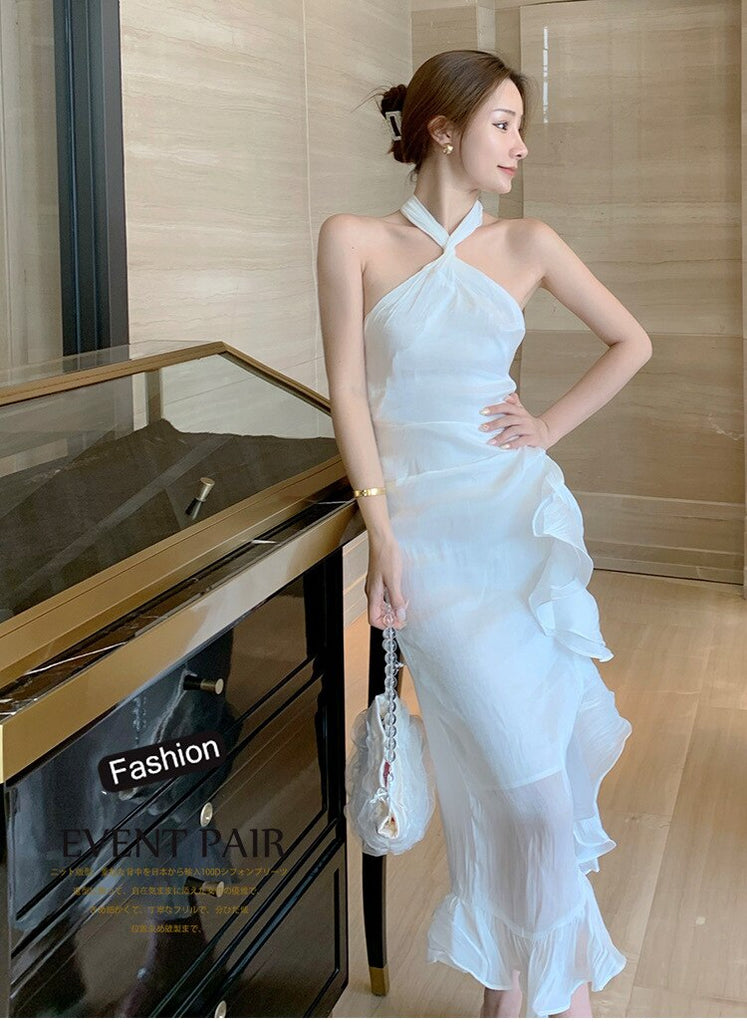 Summer Women Elegant Suspenders Midi Dress White Sexy Backless Ruffle Fishtail Dress Retro Luxury Ladies Clothing