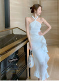 Summer Women Elegant Suspenders Midi Dress White Sexy Backless Ruffle Fishtail Dress Retro Luxury Ladies Clothing