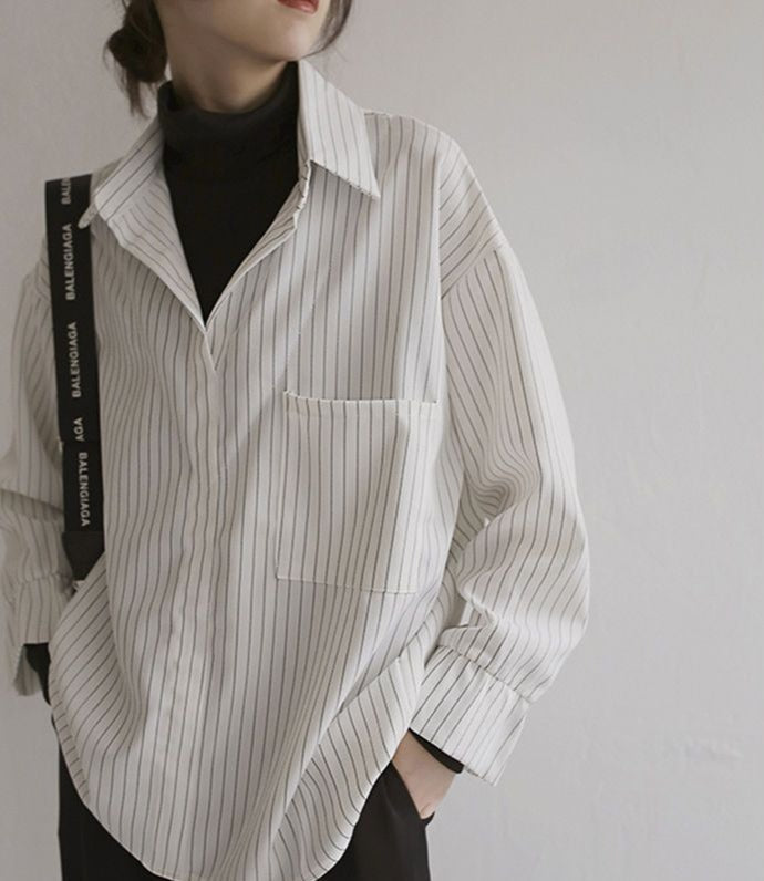 goosudu Fake Two Piece Striped Shirt Women Patchwork Knitted Turtleneck  Autumn Winter Long Sleeve Casual Loose Female Blouse Tops