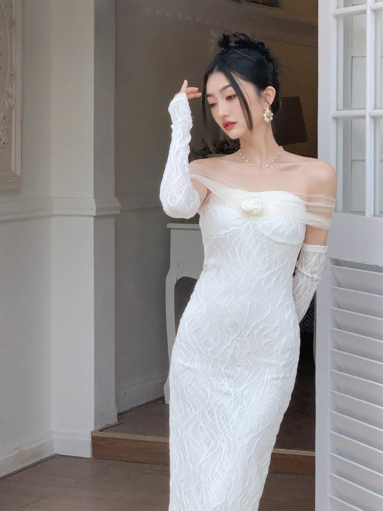 Summer Elegant Vintage White Dress Women Chic One Piece Dress Korean Casual Long Sleeve Beach Party Midi Dress Office Lady