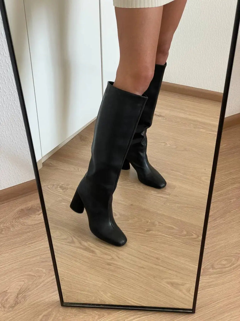Meotina Women Genuine Leather Knee High Boots Square Toe Chunky High Heels Zipper Long Boots Lady Fashion Shoes Autumn Winter 43