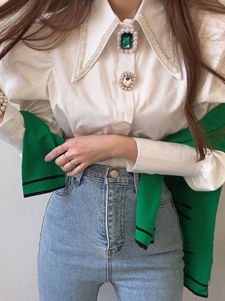Women Shirts French Vintage Blouse Spring Button Up Shirt Pointed Collar Long Puff Sleeve Pearl Button Slim White Tops