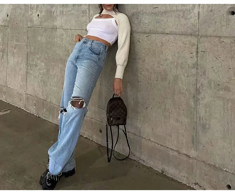 Ripped Jeans For Women  Streetwear Straight Denim Pants High Waist Long Denim Trousers Women Hollow Out Jeans
