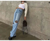 Ripped Jeans For Women  Streetwear Straight Denim Pants High Waist Long Denim Trousers Women Hollow Out Jeans
