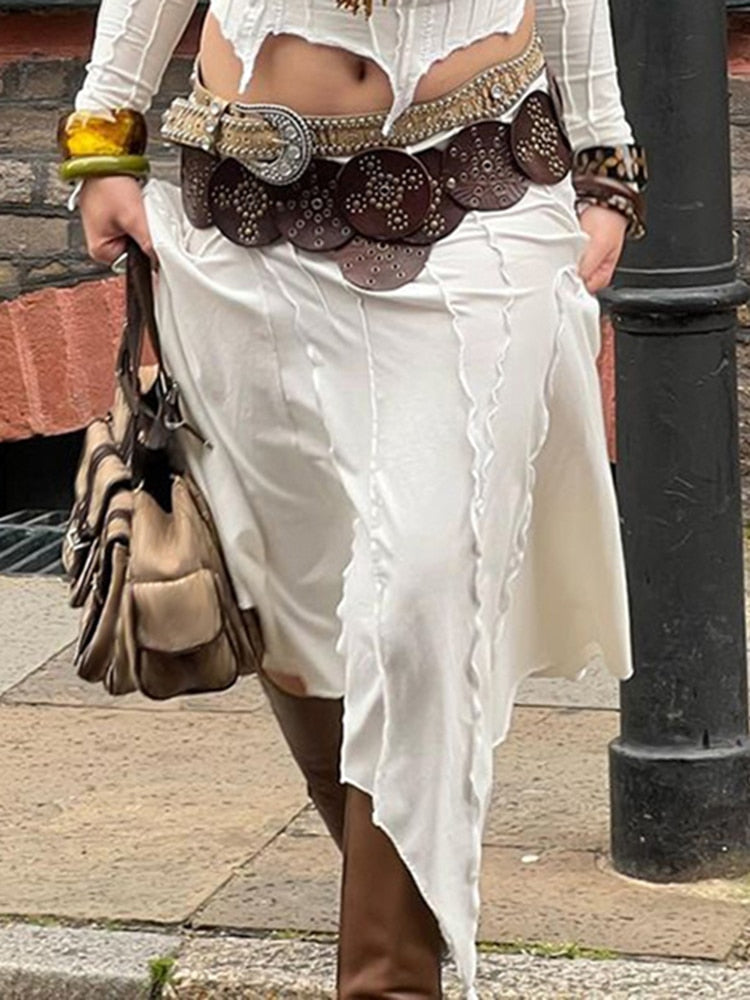 Loose Chic Irregular White Skirt Streetwear Elegant Stitched Summer Midi Skirts For Women Japanese y2k Aesthetic Outfits