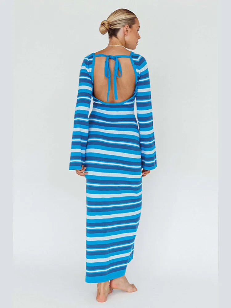 Sexy Backless Lace Up Women Striped Knitted Dress Fashion Slim O-neck Long Sleeve Midi Dresses Autumn Lady Chic Streetwear