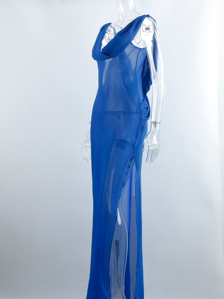 goosudu Long Sleeve Blue Maxi Summer Beach Dress Ruffle Bandage Mesh Club Party Sexy Dresses Women Outfit See Though Y2K 90’S