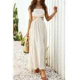 goosudu Spaghetti Strap Waist Hollow Out Beige Summer Maxi Long Dress Solid Elegant Backless Sundress Casual Women Dress