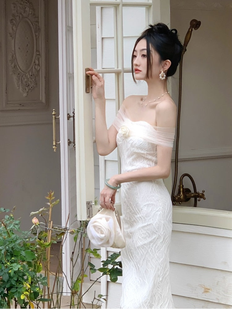 Summer Elegant Vintage White Dress Women Chic One Piece Dress Korean Casual Long Sleeve Beach Party Midi Dress Office Lady