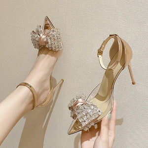 Crystal Bowknot Pumps Women Transparent Pvc Thin Heels Wedding Party Shoes Woman Bling Rhinestones High Heels Shoes