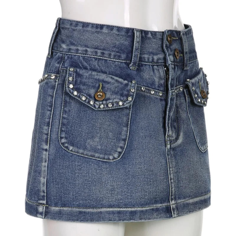 Vintage Diamonds Denim Mini Skirts Y2K Aesthetic Korean Kawaii Low Rise Skinny Wrap Bodycon Jeans Penceil Skirt Women Streetwear