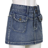 Vintage Diamonds Denim Mini Skirts Y2K Aesthetic Korean Kawaii Low Rise Skinny Wrap Bodycon Jeans Penceil Skirt Women Streetwear