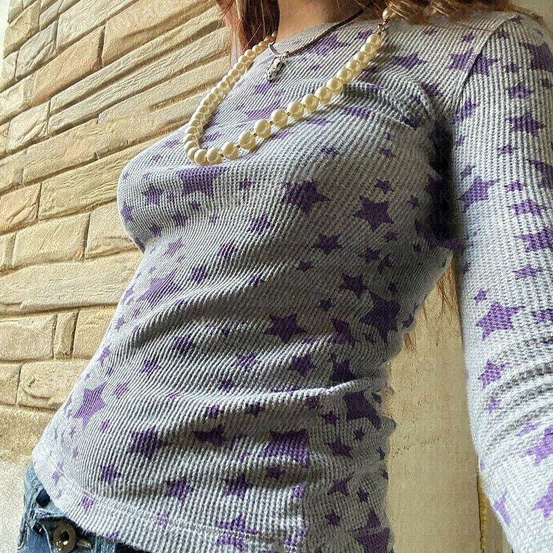 Y2K Stars Vintage Aesthetics Crop Tops Autumn Spring Full Sleeve Basic Tees Harajuku Grunge 00s Retro T Shirt Mall Goth Clothes