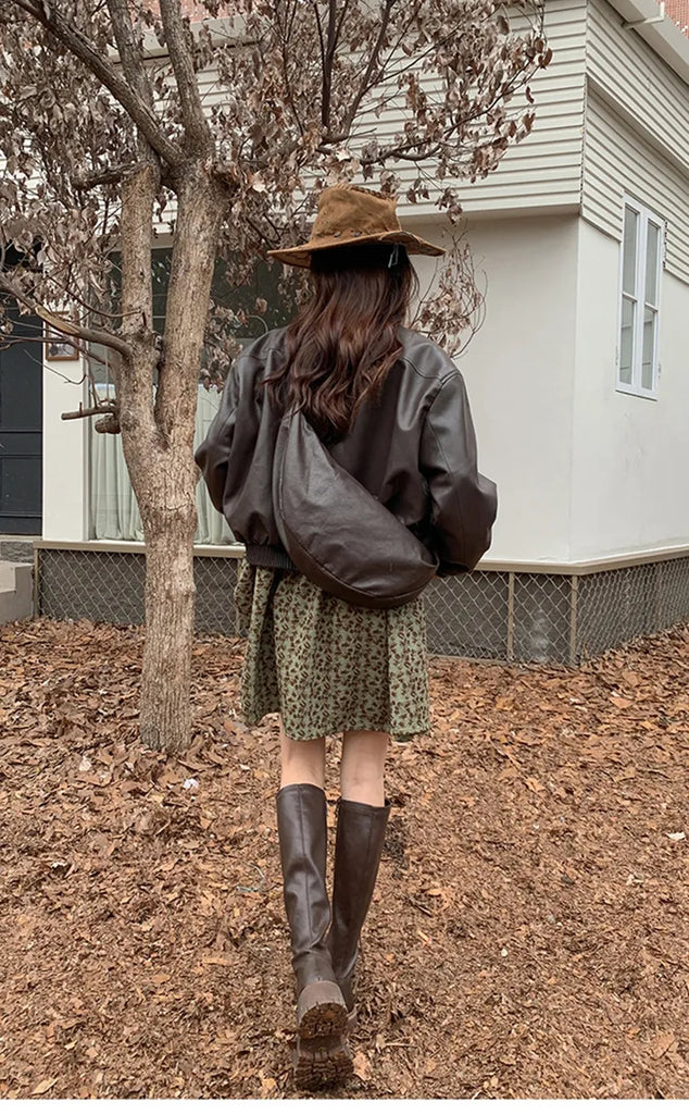 Spring Autumn Oversized Casual Waterproof Coffe Soft Pu Leather Jacket Women with Drop Shoulder Long Sleeve Fashion