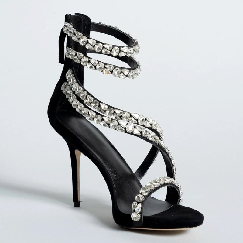 goosudu  Crystal Straps Women Sandals Back Zipper High Thin Heels Ankle Wrap Sandals Narrow Band Sweet Fashion Casual Party Female Pumps