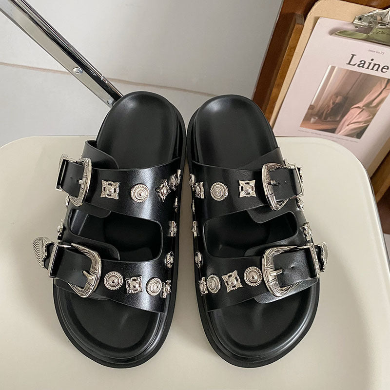 goosudu  Women Slip-On Punk Mules Slippers Thick Sole Metal Rivet Decoration Cool Street Clogs Round Toe Casual Rome Beach Sandals Slides