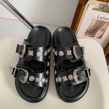 goosudu  Women Slip-On Punk Mules Slippers Thick Sole Metal Rivet Decoration Cool Street Clogs Round Toe Casual Rome Beach Sandals Slides