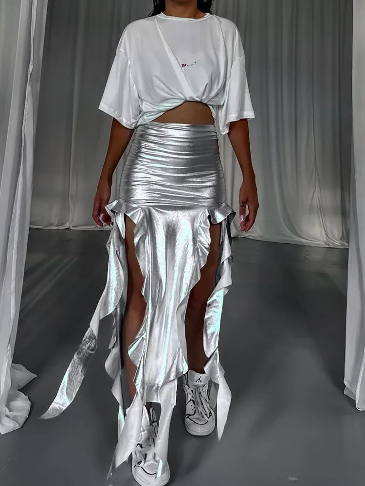 Tassel Summer Female Long Skirt Ruffled High Waist Broken High Split Fashion Pleated Sexy Solid Patchwork Maxi Skirt