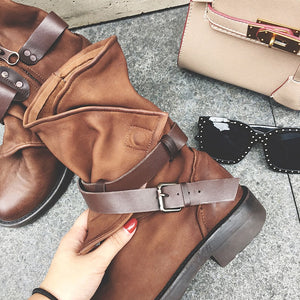 Women ankle boots natural leather plus size 22-26CM sheepskin +pigskin modern boots vintage belt buckle motorcycle boots